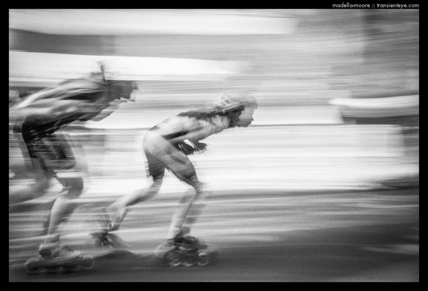 Racing Rollerskaters at the Fiesta Mayor en el Raval, Rambla del Raval, Barcelona - Motion Blurred Film Photography
